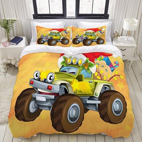 Amazon Dojofelpm 布団カバー3点セット クリスマスカードハッピーイラスト子供車 ベッド用 人気 着脱簡単 ベッド用 シングル 150x210cm 寝具カバーセット オンライン通販