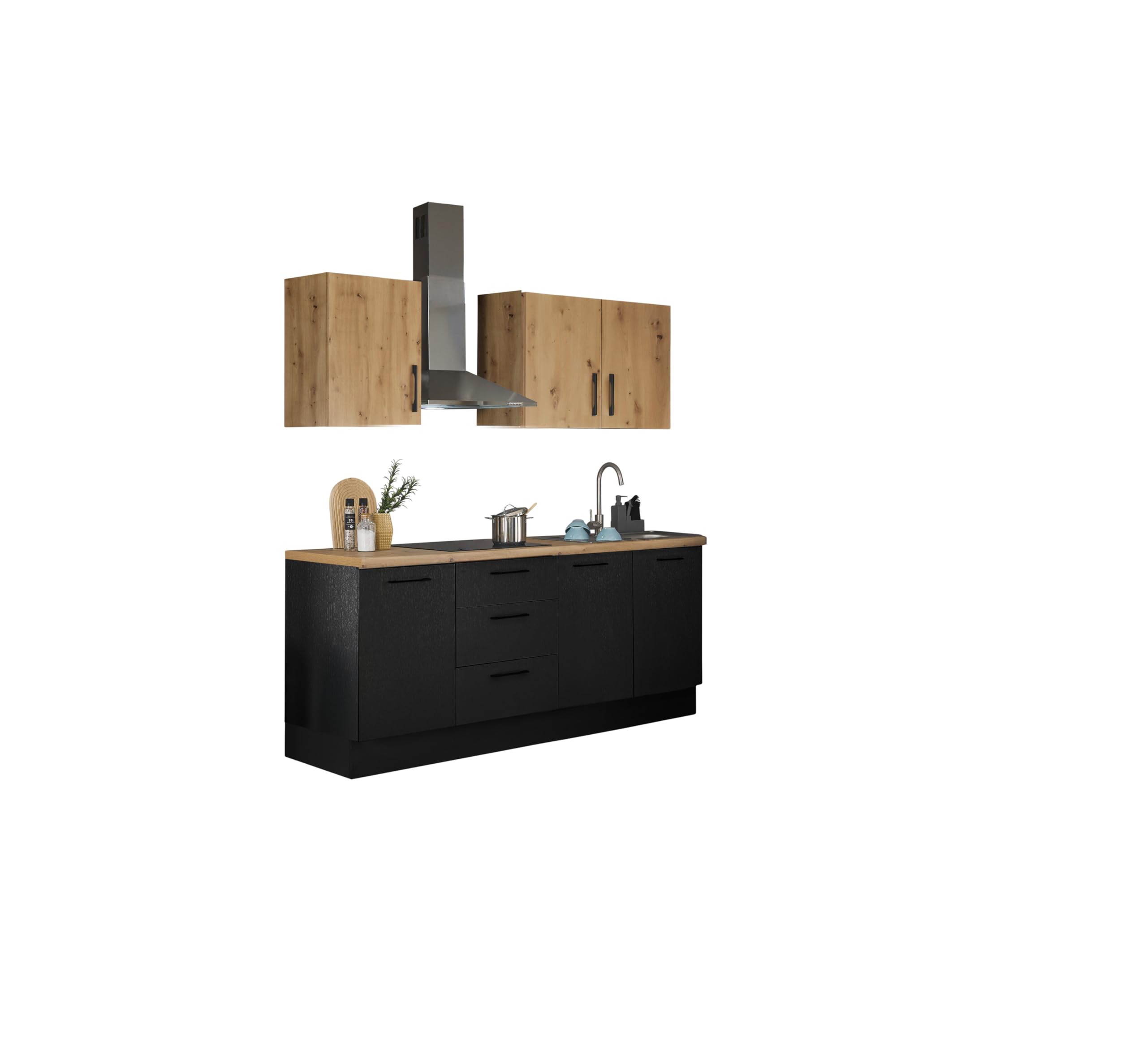 Stella Trading Turin ZB Küchenzeile 210 x 211 x 60 cm, schwarz - Ohne Küchengeräte - Moderne, geräumige Küche in Artisan-Eiche Optik mit viel Stauraum