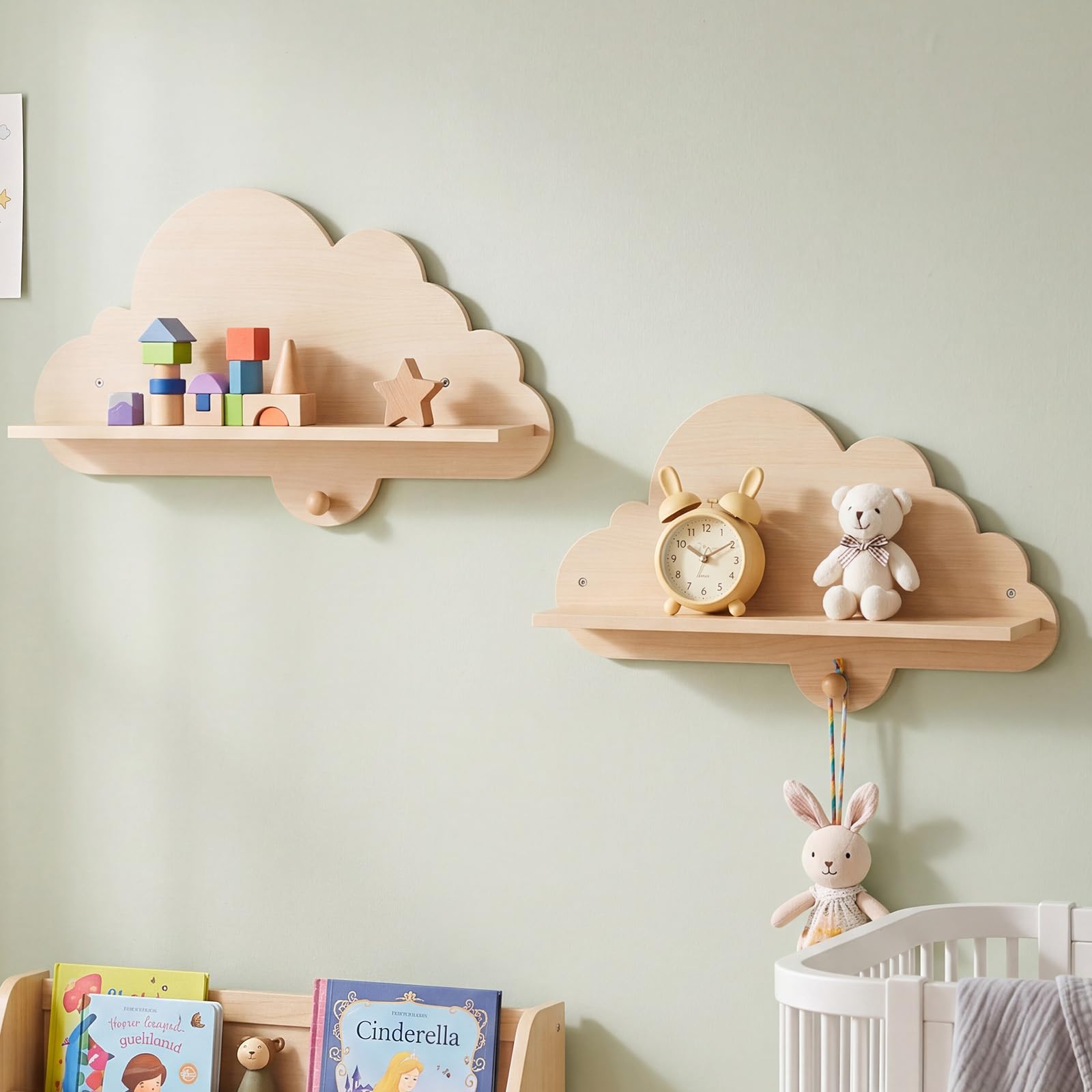 COSTWAY Lot de 2 Étagère Murale Enfant en Forme Nuage, Étagère Livre Enfant en Bois, Bibliothèque Flottante Montessori pour Livre Jouet pour Chambre Salle de Jeux (Naturel)