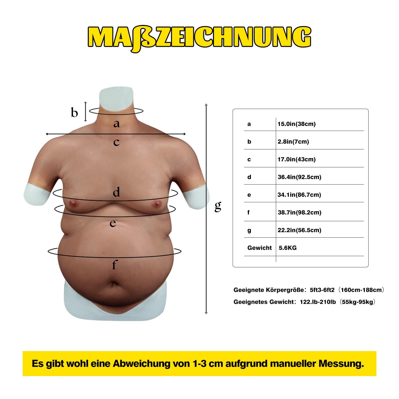 SMITIZEN Silikon Bierbauch Fett dicker Anzug Fake ober Körper groß Fat belly Bodysuit Kostüm für Herren Männer Halloween Cosplay Weihnachtsmann