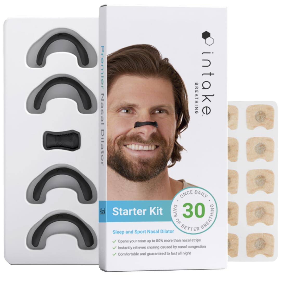 Intake Breathing Nasal Strip Starter Kit (30 Count, Black) - Boost Oxygen Intake, Reduce Snoring, Improve Sleep Quality - Sweat Resistant, Skin Safe Nasal Strips - Extra Strength Snoring Solution 30 Count Black