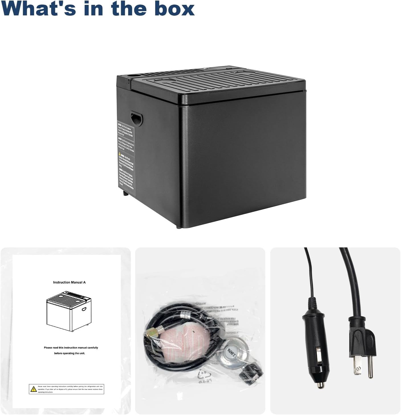 Contents of the box: the refrigerator unit, instruction manual, gas hose, 12V DC power cable, and 110V AC power cable.