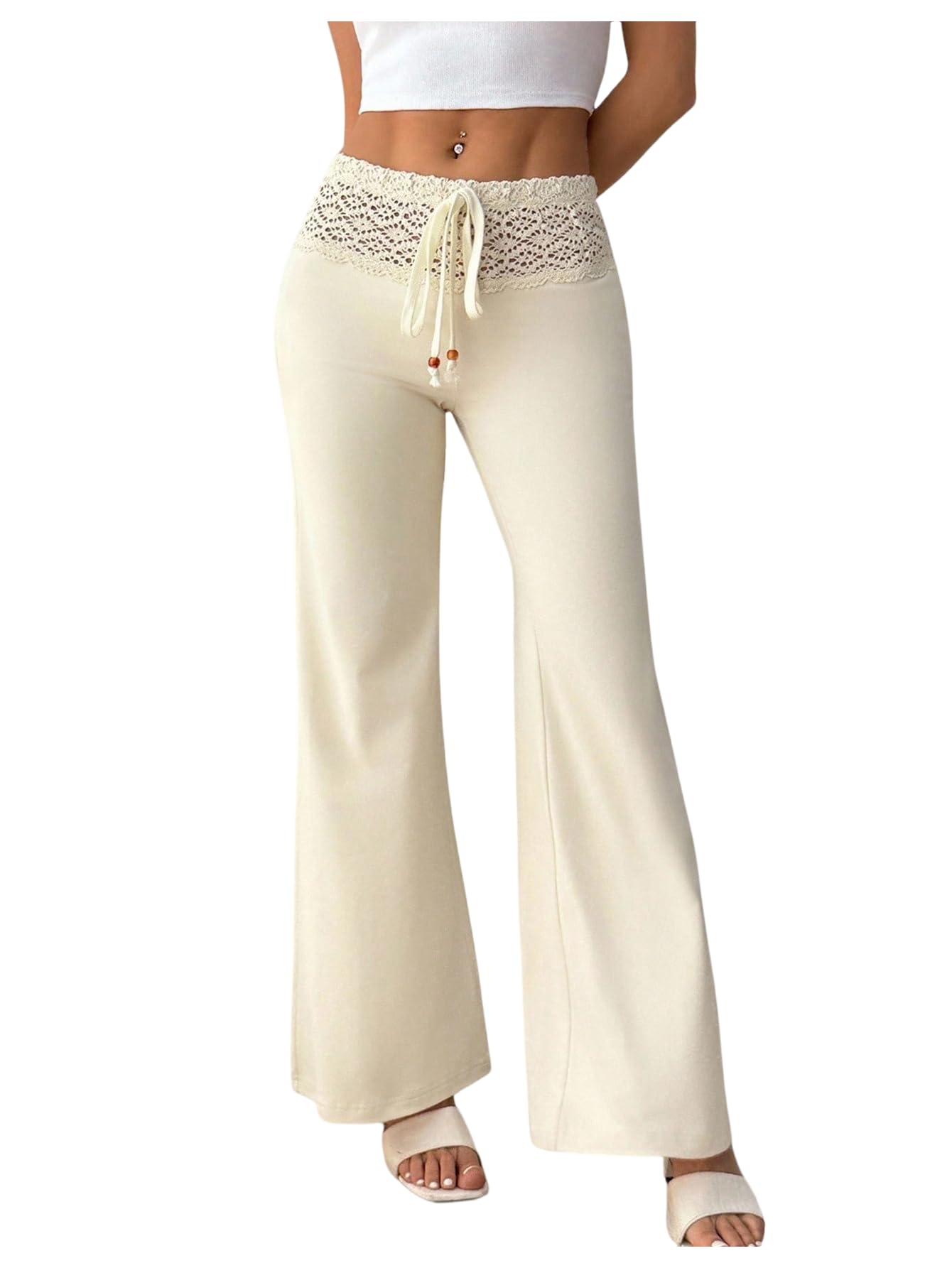 Floerns Womens Hollow Out Knit Flared Pants Drawstring Waist Bell Bottoms Casual Trousers
