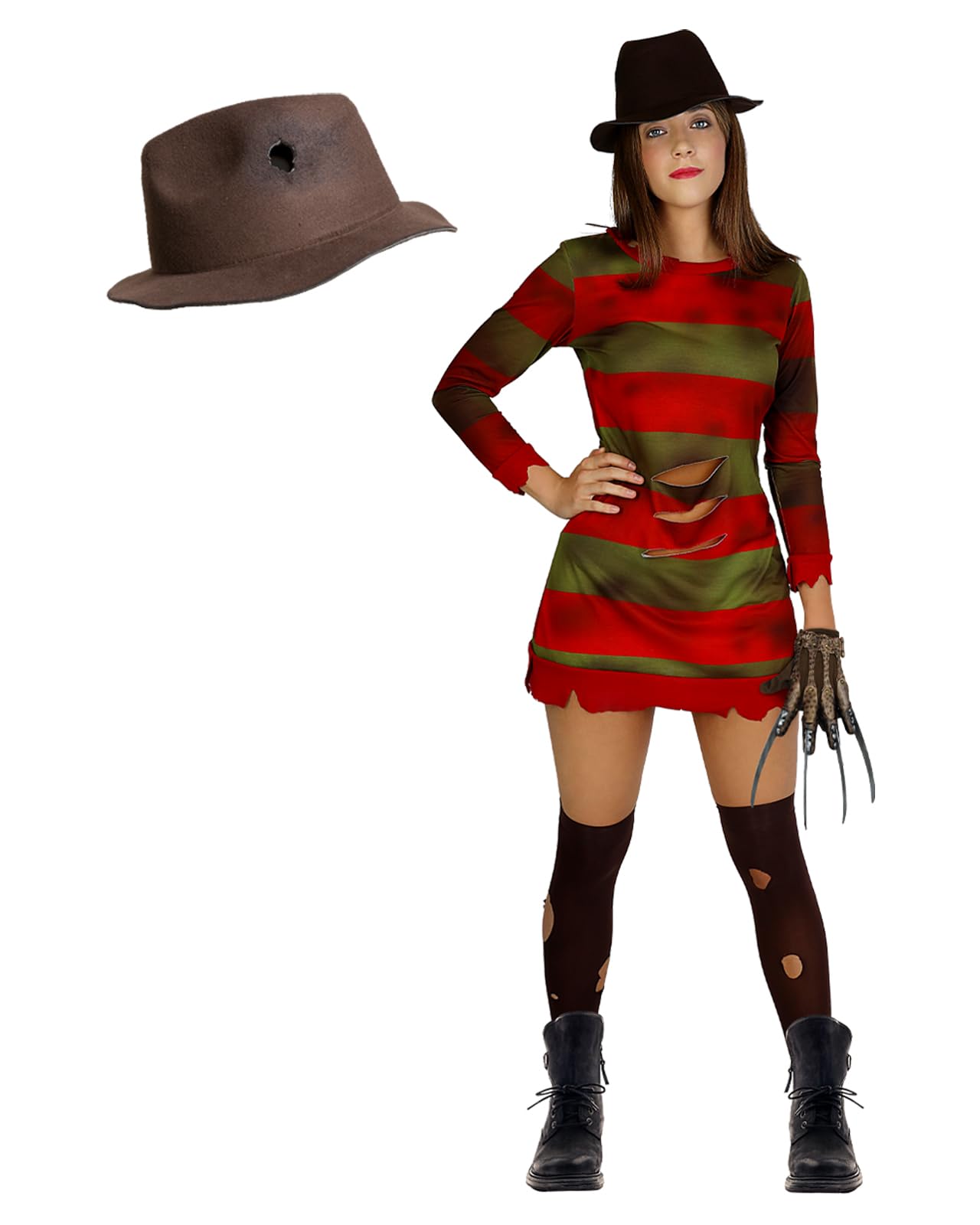 Funidelia Disfraz Oficial de Freddy Krueger con sombrero - Pesadilla en Elm Street para mujer, Vestido y calcetines - Traje para adultos para fiestas, Carnaval y Halloween - Talla XL