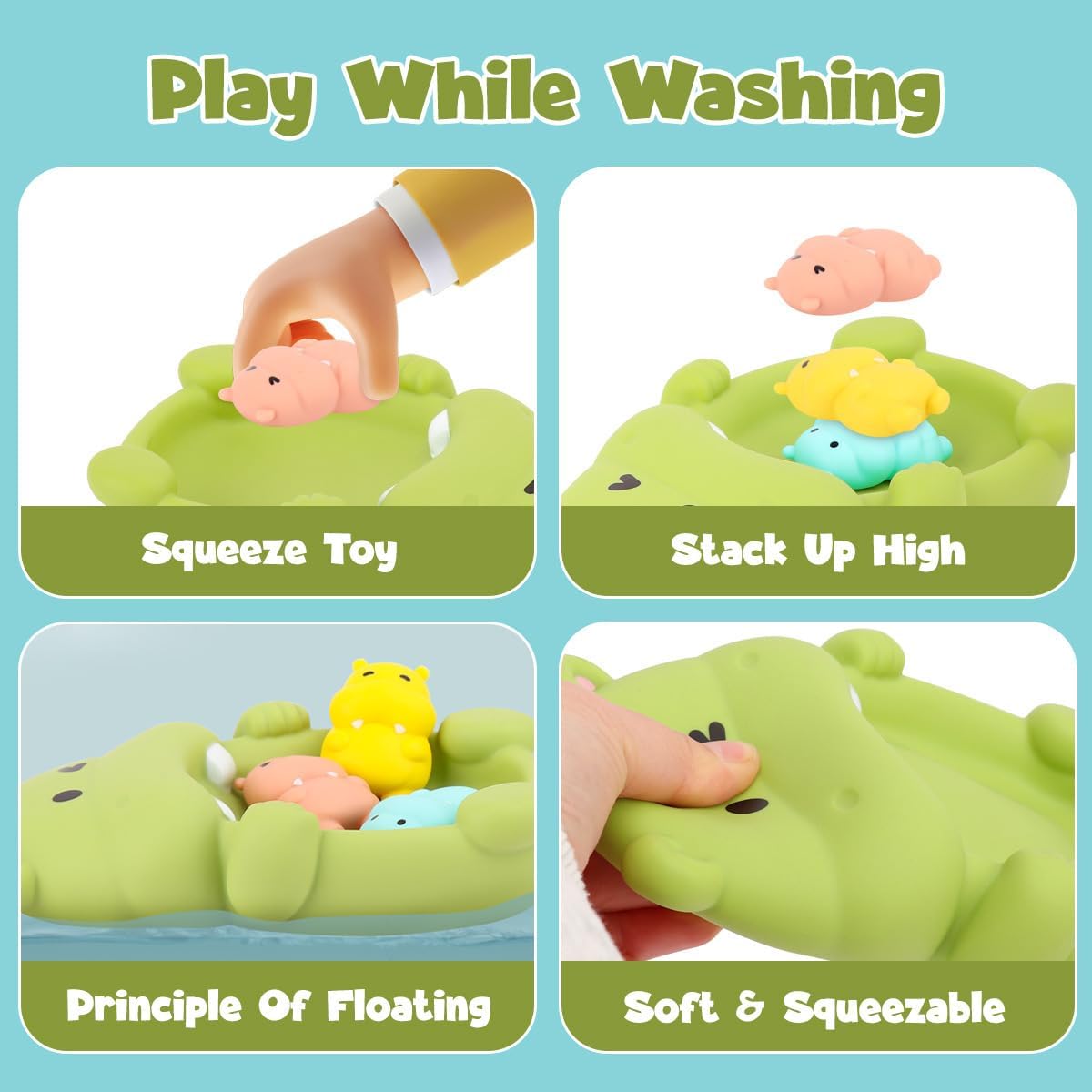 Floating Hippo Bath Toy Sealed Soft Rubber Design with Three Mini Floaters for Bathtub Pool and Water Play Entertainment
