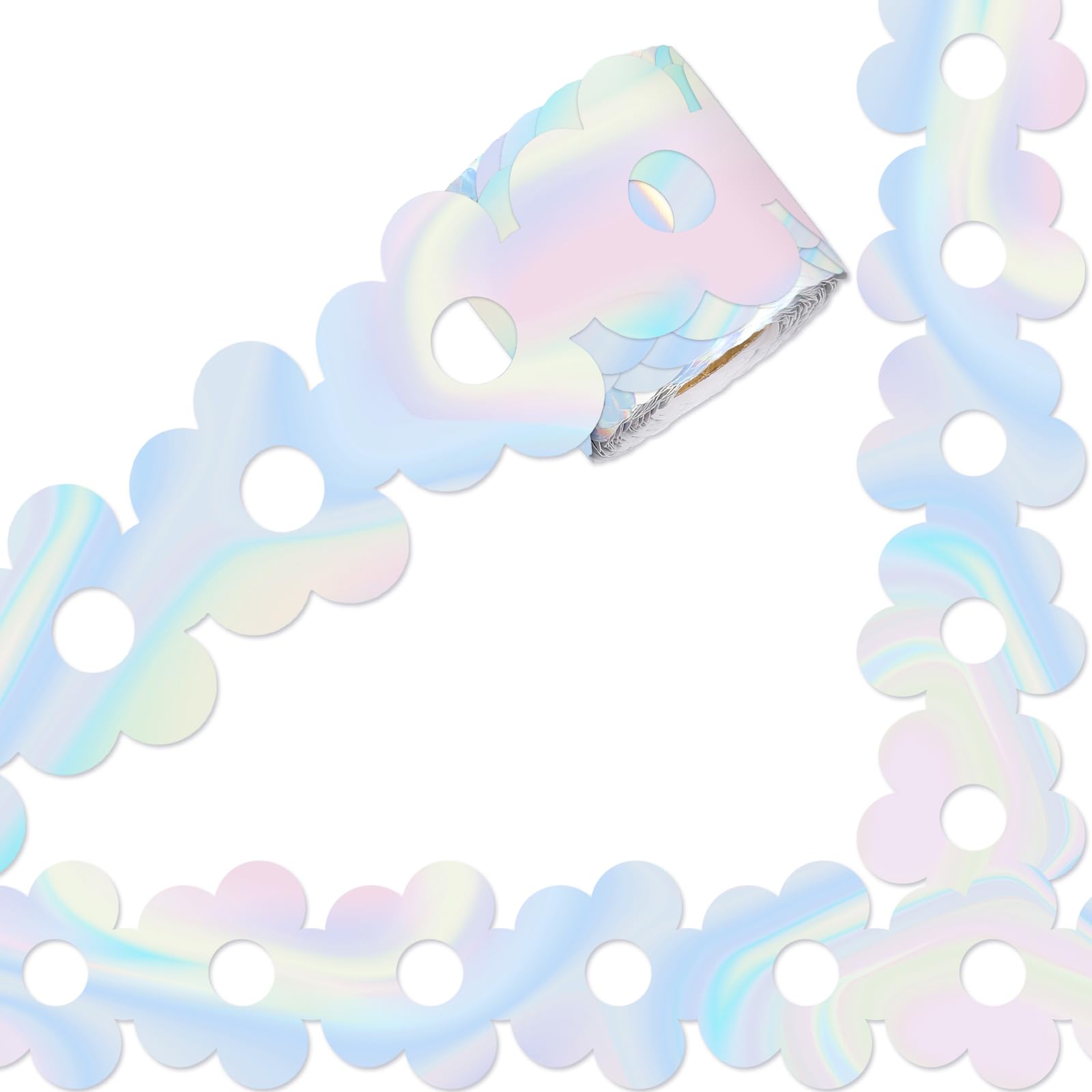 Whaline 65.6ft Holographic Flower Bulletin Board Border Colorful Iridescent Laser Floral Spring Die-Cut Border Trim for Chalkboard Wall School Office