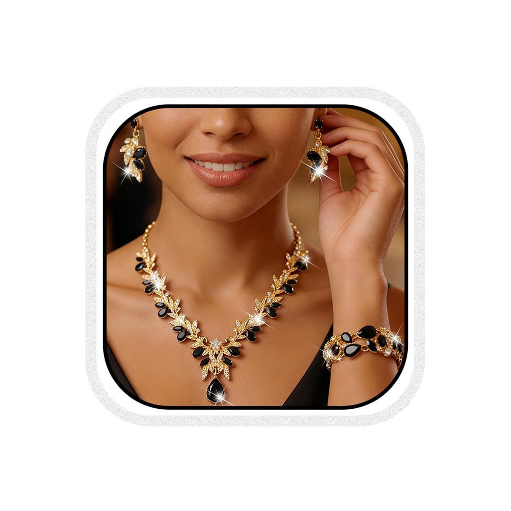 Unicra Gold Jewelry Sets Rhinestone Wedding Necklace Earrings Bracelet Set Prom Formal Indian Costume Jewelry for Women and Brides