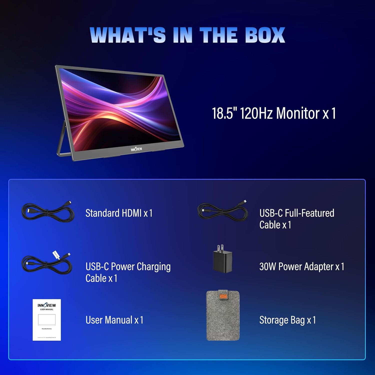 InnoView 2K Portable Monitor 18.5" 2560x1440p QHD 120Hz 100% sRGB USB-C Standard HDMI Gaming Monitor,HDR Travel External Second Screen for Laptop, PC, Game Consoles
