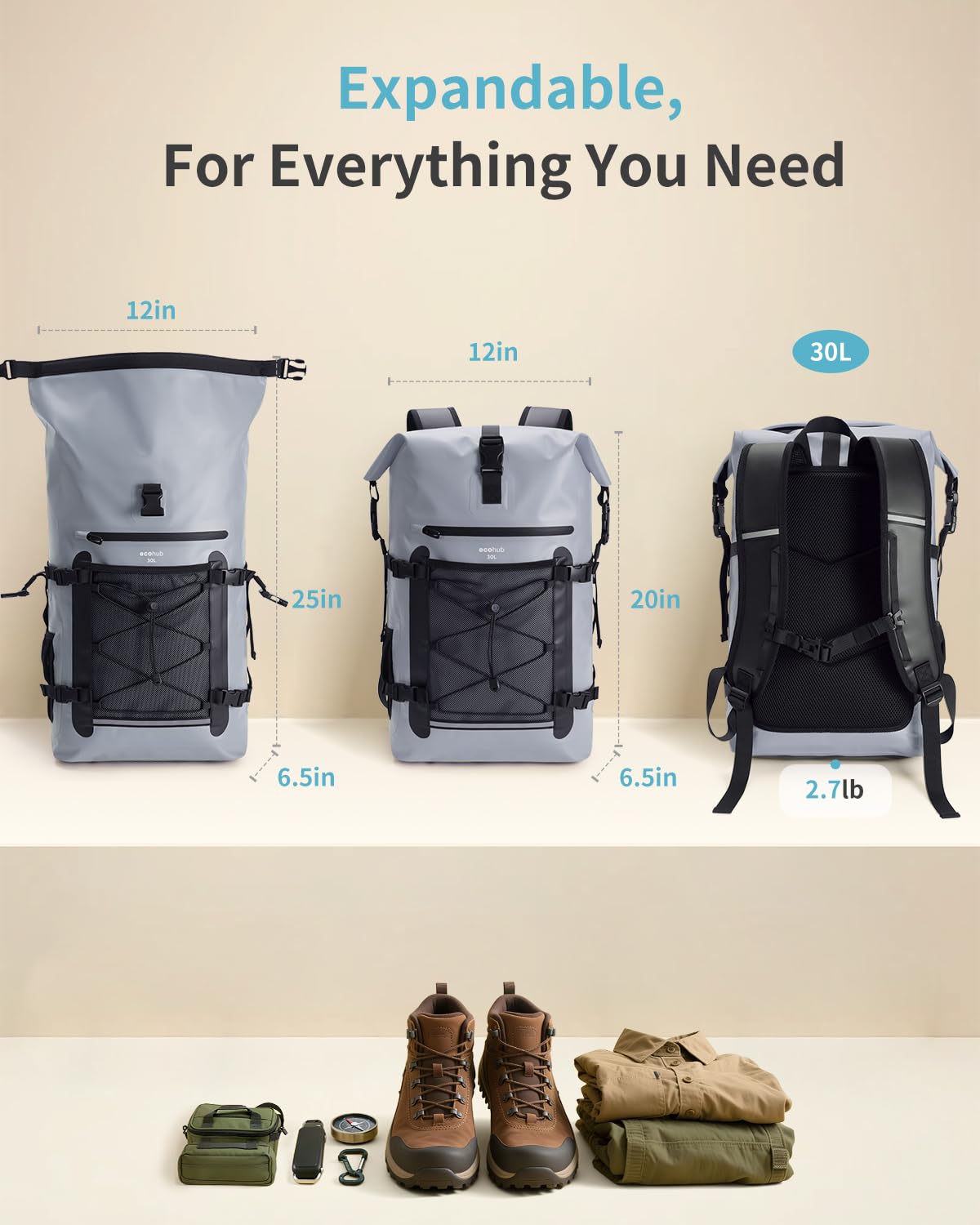 ECOHUB Wasserdichter Rucksack, Rolltop mit IPX8 Handyhülle & Atmungsaktive Rückenpolsterung, Dry Bag für Kajak, Bootfahren, Wandern, Camping, Angeln, Rafting, Lieferfahrer, 30L, Grau