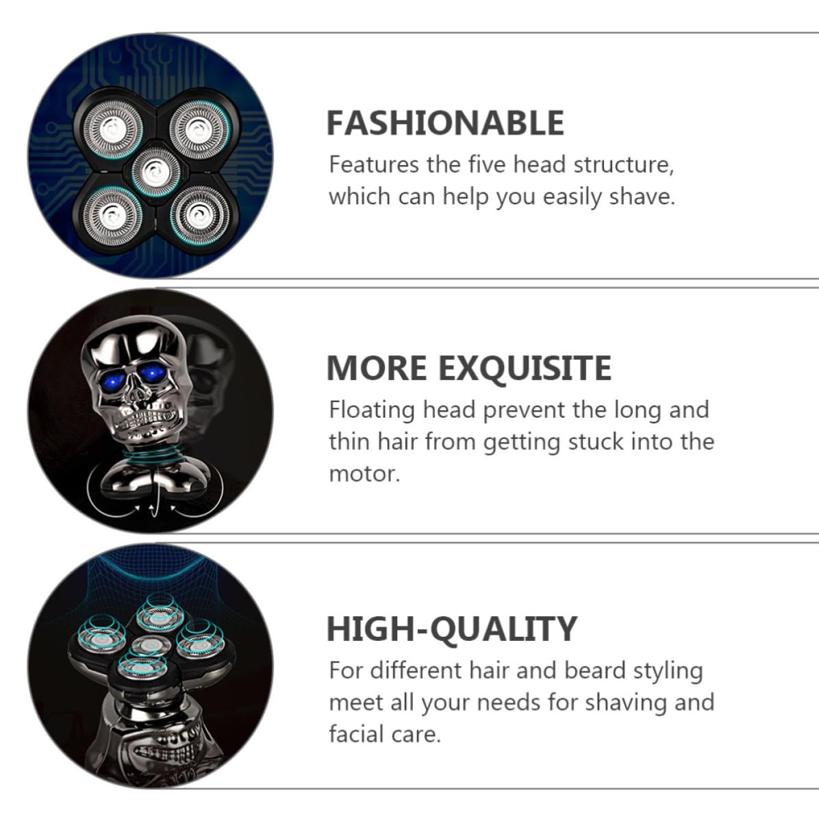 COLLBATH Afeitadora Eléctrica de Cabeza y Rostro, Recortadora Facial de Acero Inoxidable, 5 Cabezales Flotantes, Plata, Carga Usb, para Hombres, Talla Única, Uso Doméstico