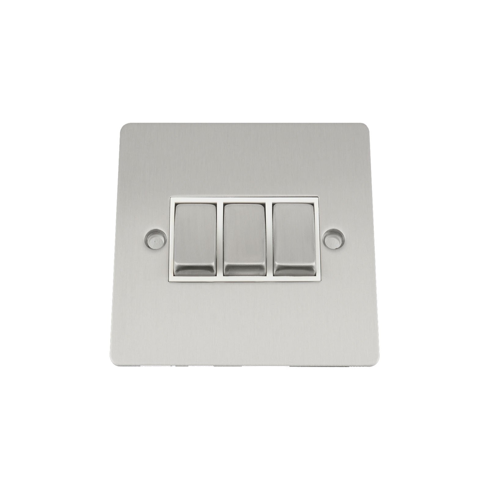 Light Switch 3 Gang - Satin Matt Chrome Flat - White - Metal Rocker - 10 Amp Triple Switch 2 Way