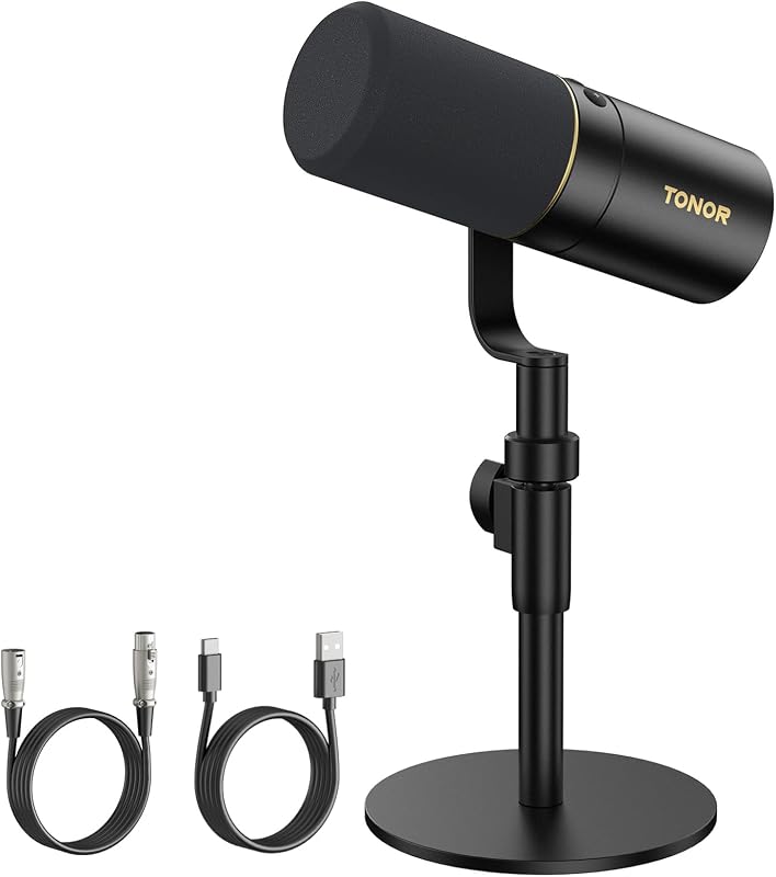 Dynamic Podcast Microphone, XLR/USB Mic for Recording, Streaming, XLR Cardioid Studio Mic with Quick Mute, 3.5mm Jack, Volume Control, 200 cm/78inch Cable, with Desktop Stand, Black, TD520