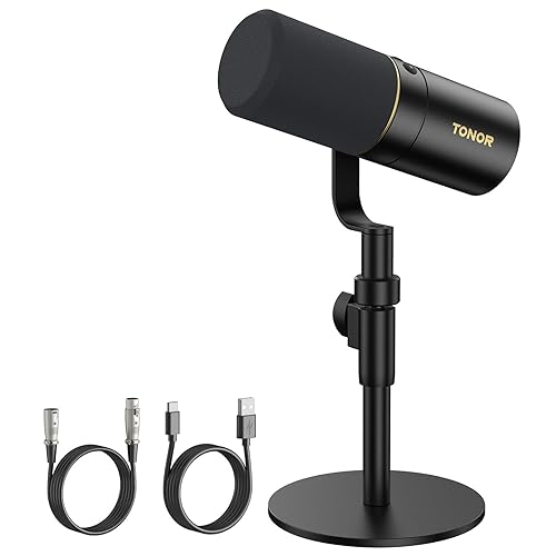 TONOR Dynamic Podcast Microphone, XLR/USB Mic for Recording, Streaming, XLR Cardioid Studio Mic with Quick Mute, 3.5mm Headphone Jack, Volume Control, Microfono with Desktop Stand, Black, TD510