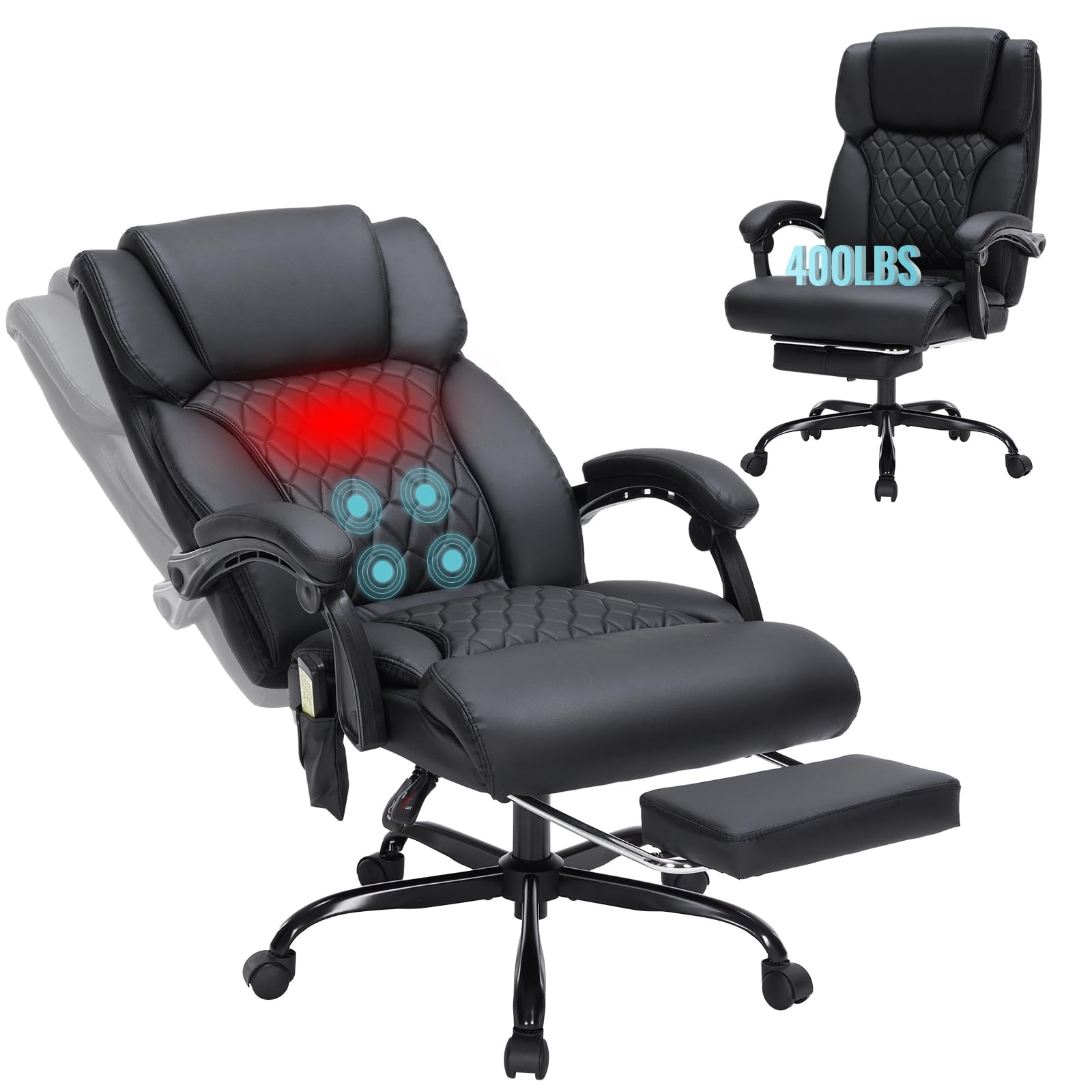 Massage & Heat Office Chair with Foot Rest, 400LBS Reclining Ergonomic Executive Chair for Big & Tall, High Back Home Office & Gaming Desk Chairs for