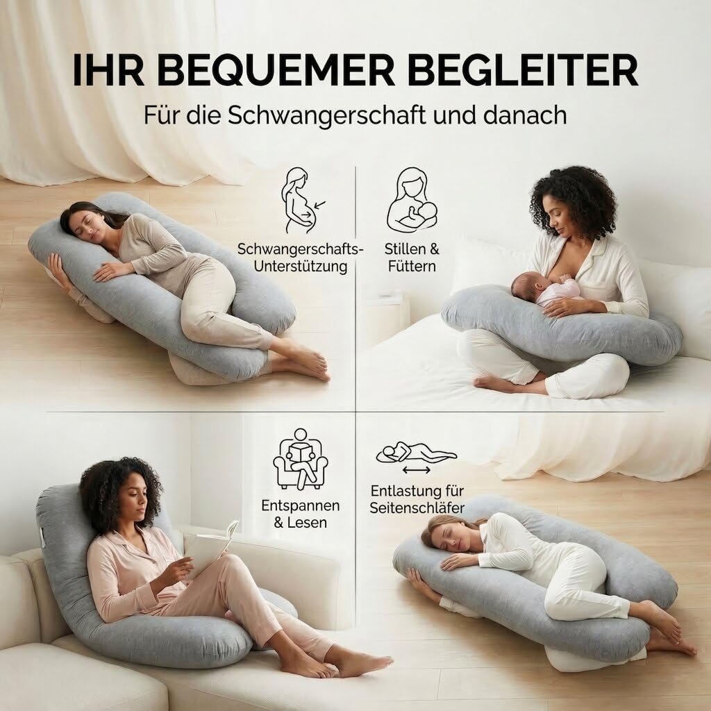 SMOOTHY XXL Schwangerschaftskissen Seitenschläferkissen U-Form 150x80 cm 100% Baumwolle Grau