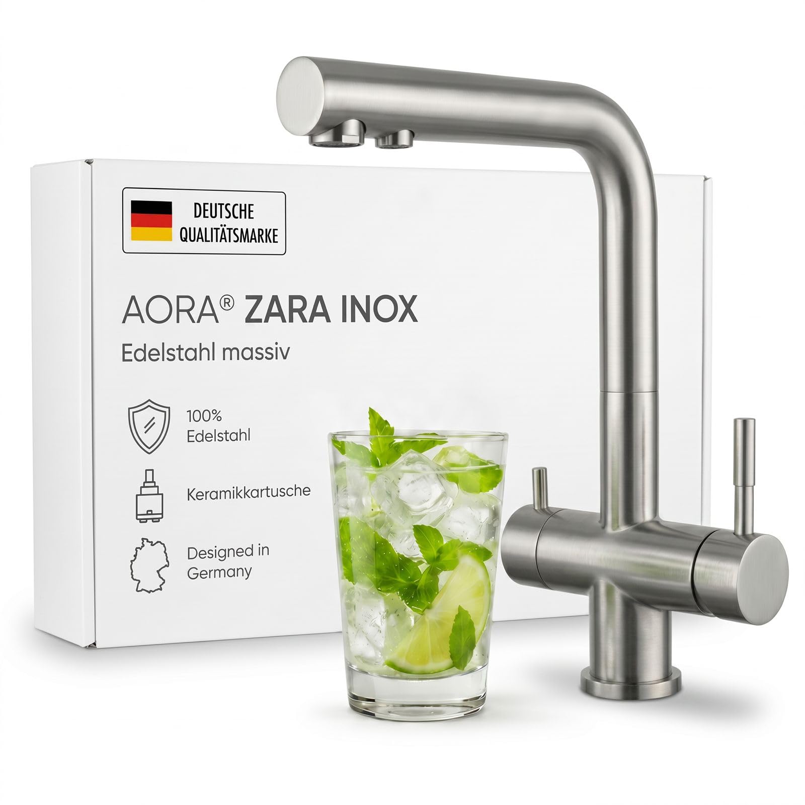 Neues Wasser Group Louis Inox Grifo para fregadero de cocina giratorio 360°, grifo de acero inoxidable 304, sistema de filtro de agua por ósmosis inversa de 3 vías cepillado mate