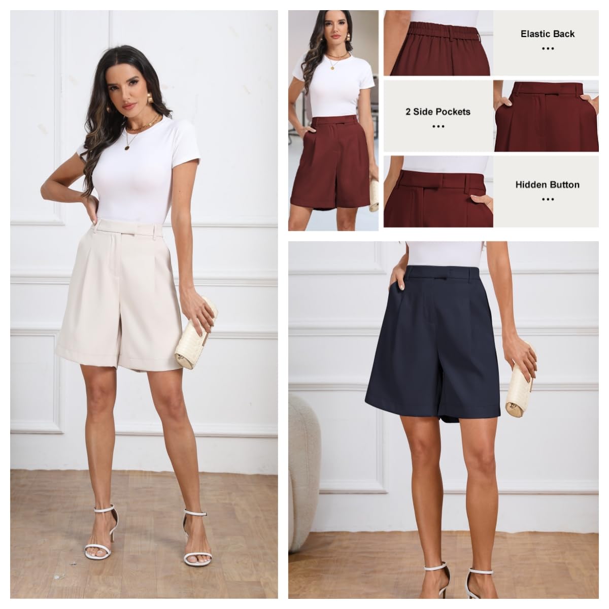 Famulily Short d'été décontracté à jambes larges pour femme - En coton - Taille élastique - Avec poches - Tailles S à XXL