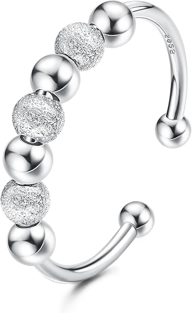 ORAZIO 925 Silver Rings for Women Solid Sterling Silver Anxiety Thumb Fidget Ring,Adjustable Spinner Rings for Anxiety Women,Anti Anxiety Fashion Ring with Beads Jewellery