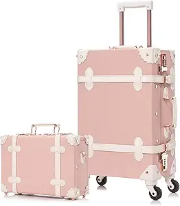 Apelila 2 Piece Vintage Luggage Set PU Leather Luggage with Spinner Wheels, Lightweight Suitcase for Travel( 20"+12") (Retro Pink, 20"+12")