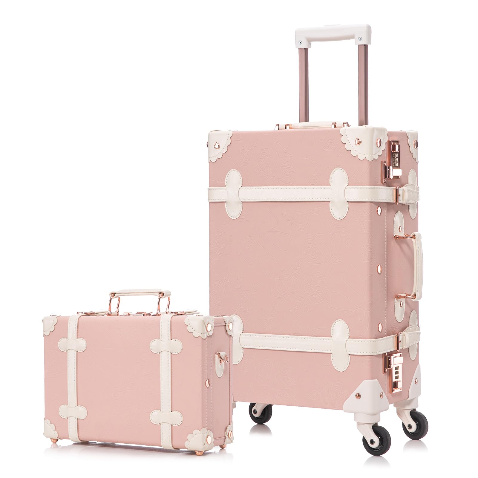 Apelila 2 Piece Vintage Luggage Set PU Leather Luggage with Spinner Wheels, Lightweight Suitcase for Travel（ 20"+12"） (Retro Pink, 20"+12")