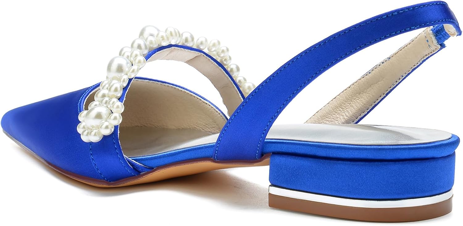 Women's Pointed Toe Satin Pearl Wedding Flats for Bride Comfortable White Bridal Shoes with Ankle Strap Prom Party Shoes Pumps