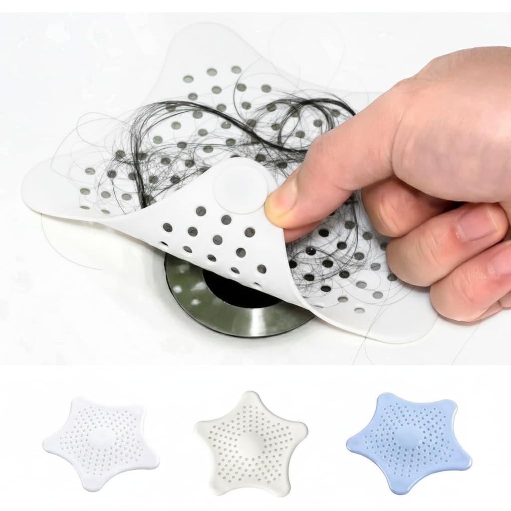 Drain Hair Catcher 3 Pack - Star Shaped Silicone Drain Cover with Strong Suction Cups - Kitchen Bathroom Shower - Prevents Clogs - 5.9 Inch (White) - 3