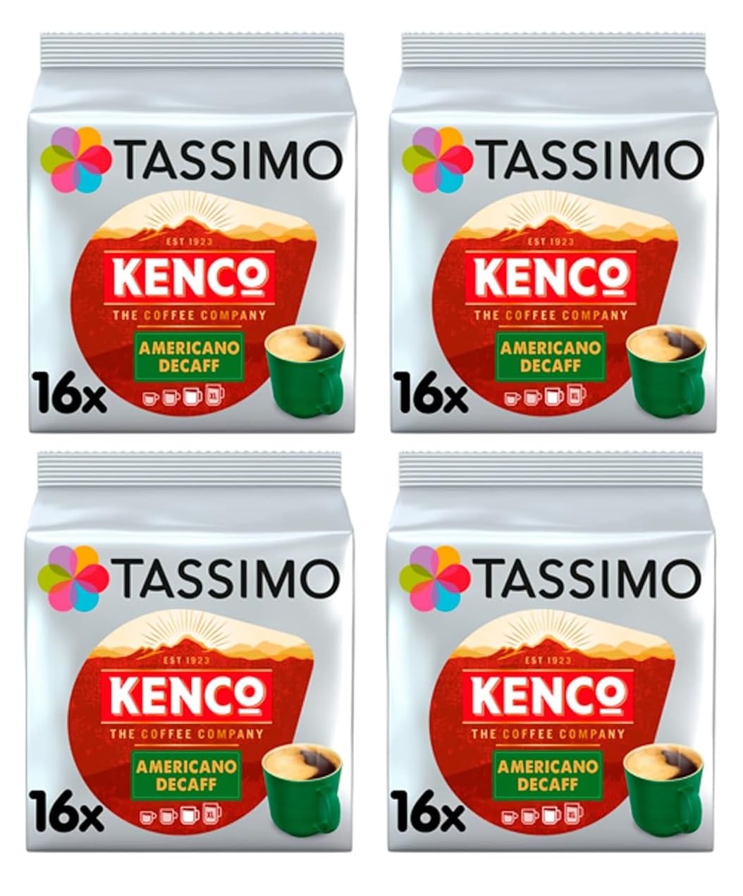 Tassimo Kenco Americano Decaf Coffee Pods (Pack of 4, Total 64 Decaffeinated Capsules)