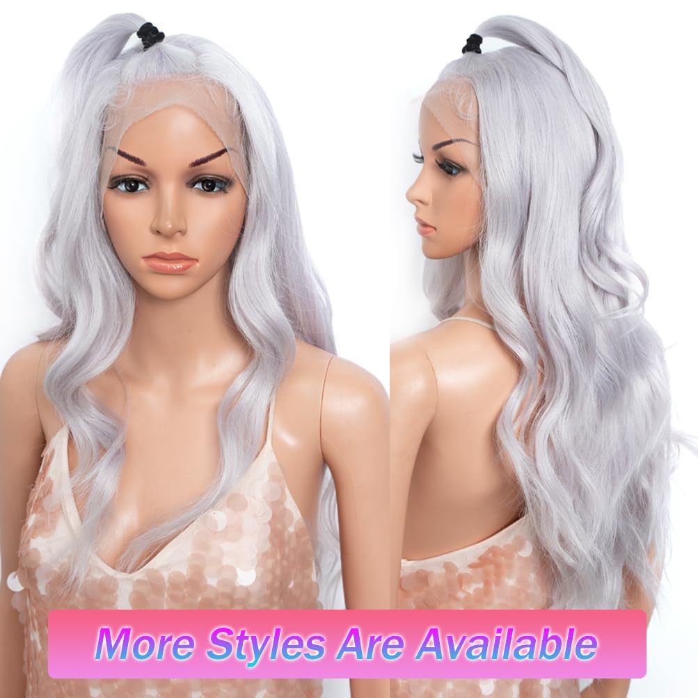 Style Icon 26” Big Curl Layered Synthetic Lace Front Wig 13x4 Large Lace Free Part Silver Grey Wig With Adjustable Cap Heat Resistant Fiber(26 Inches, THISTLE)