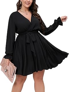 Women's Plus Size Long Sleeve Wrap V Neck Tie Waist A Line Mini Dress