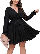 SCOMCHIC Women's Plus Size Long Sleeve Wrap V Neck Tie Waist A Line Mini Dress