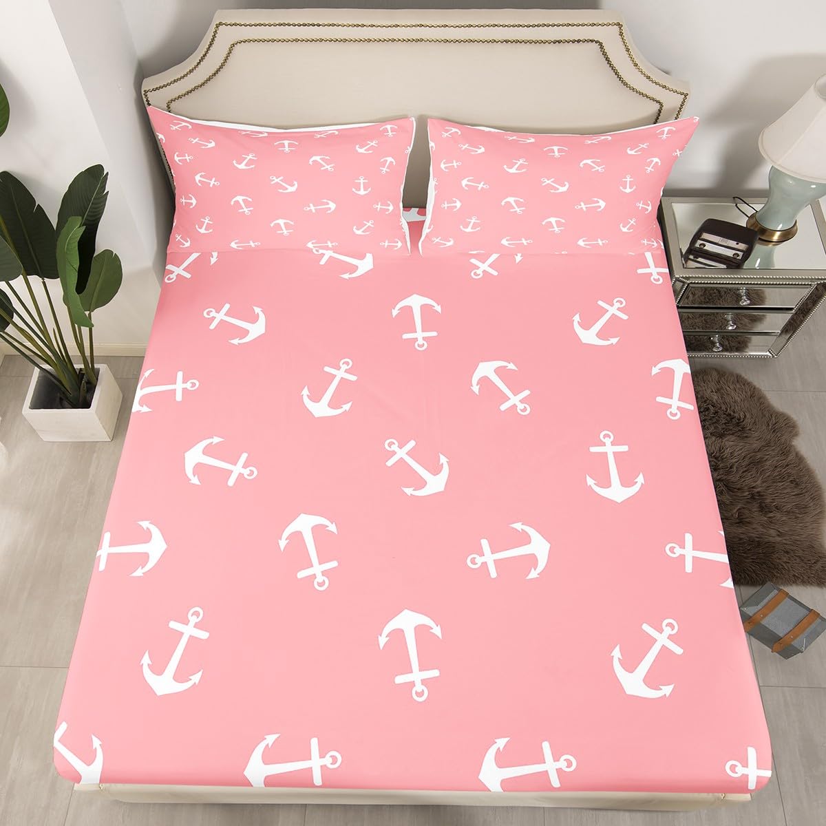 Chambre d'enfant nautique avec la parure de lit rose à voilier Manfei pour lit simple