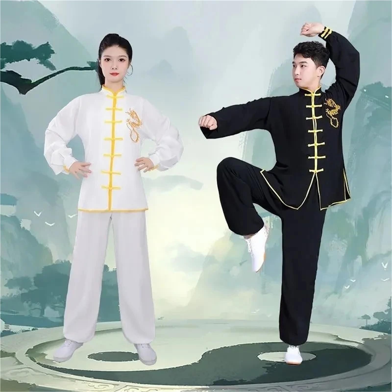 Trajes de Kung Fu, Uniforme de Ejercicio, Ropa de Tai Chi de Manga Larga de dragón, Taiji folclórico Tradicional, Deportes matutinos for Caminar al Aire Libre Tai Chi Traje(Black,M)