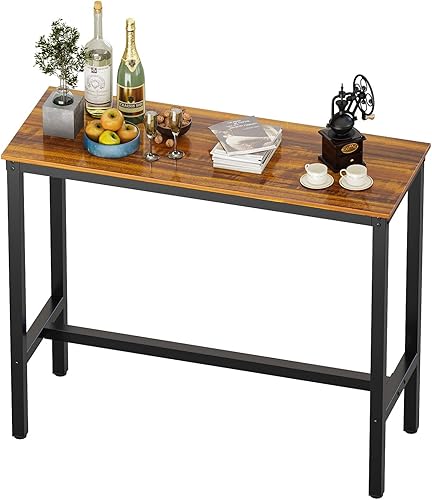 Miniatura 13 de Teraves Mesa de bar rectangular moderna, 39.37 x 17.71 x 39.37 pulgadas, parte superior de teca, base de metal negro, 4 plazas, uso en comedor y bar