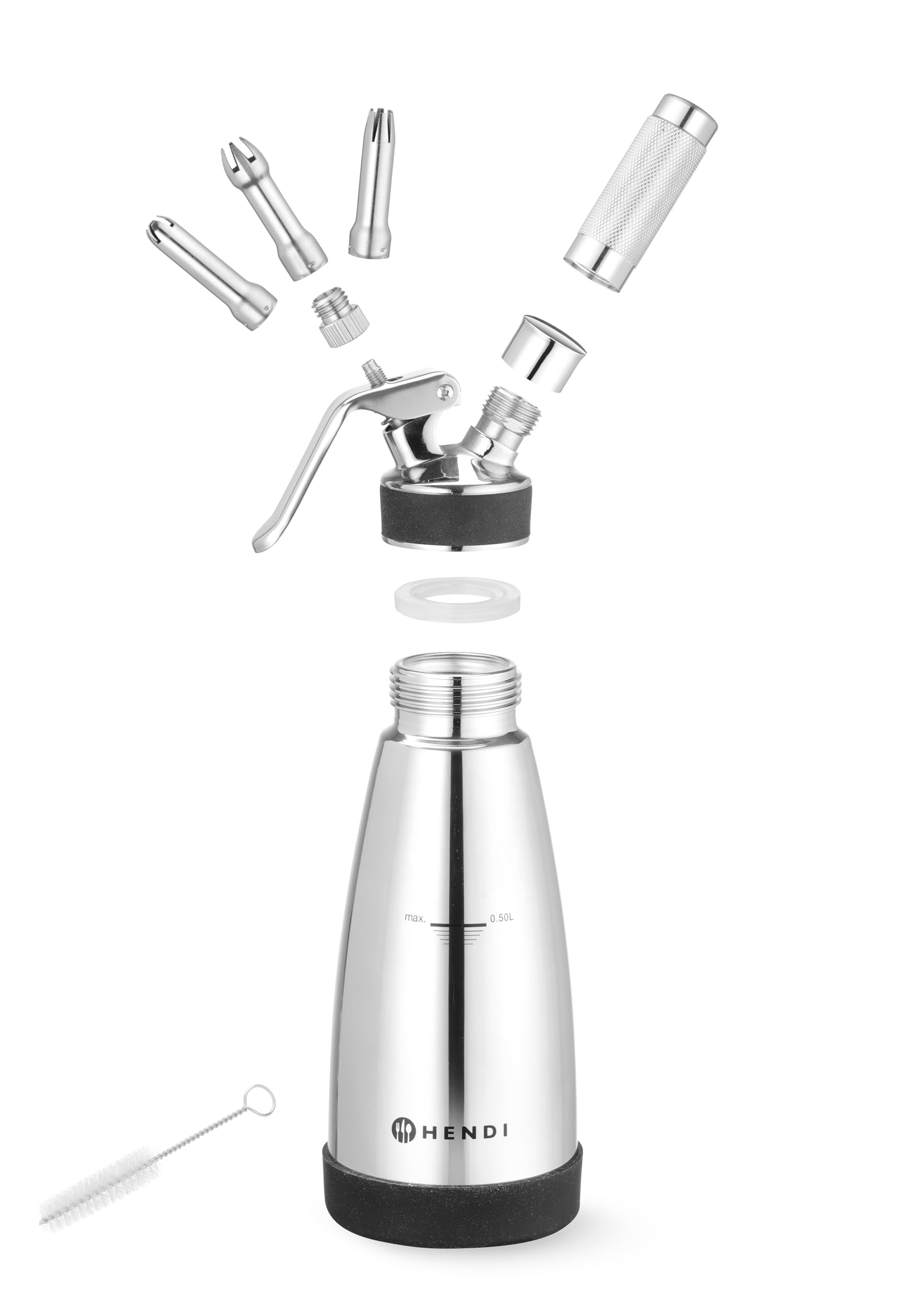 HENDI Sifone da cucina a doppia parete – 0,5L – Per panna montata, mousse, salse calde e fredde – 3 beccucci, spazzolino per la pulizia – ø95x(H)275mm – Acciaio inox
