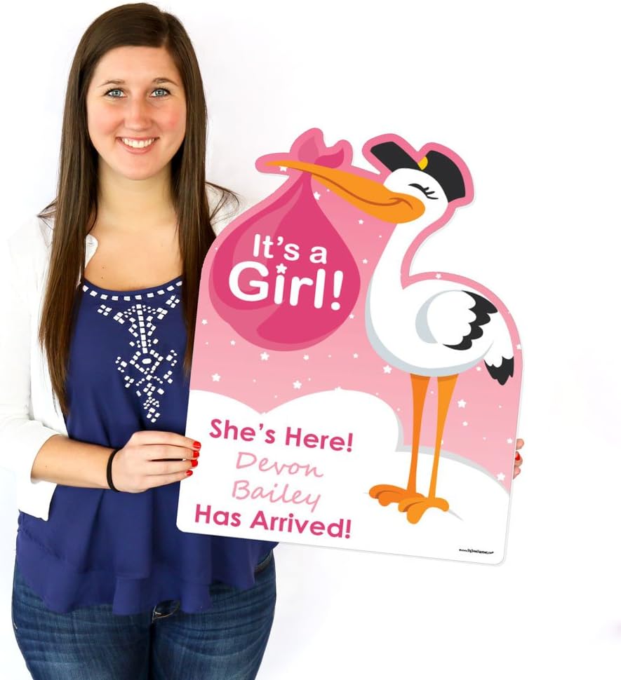 Big Dot of Happiness Custom Girl Special Delivery - Baby Arrival Sign - Pink It's A Girl Stork Personalized Baby Announcement & Welcome Yard Sign