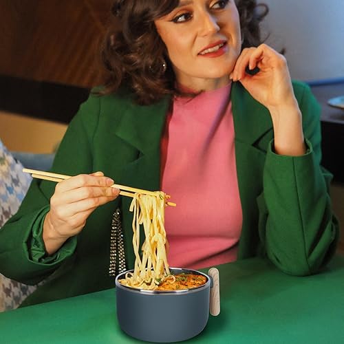 Miniatura 6 de ALXBSONE Tazón de sopa de ramen de 40 onzas con tapa y asas, fideos, pasta, cereales, ensalada, cuencos de acero inoxidable con orificio de drenaje,