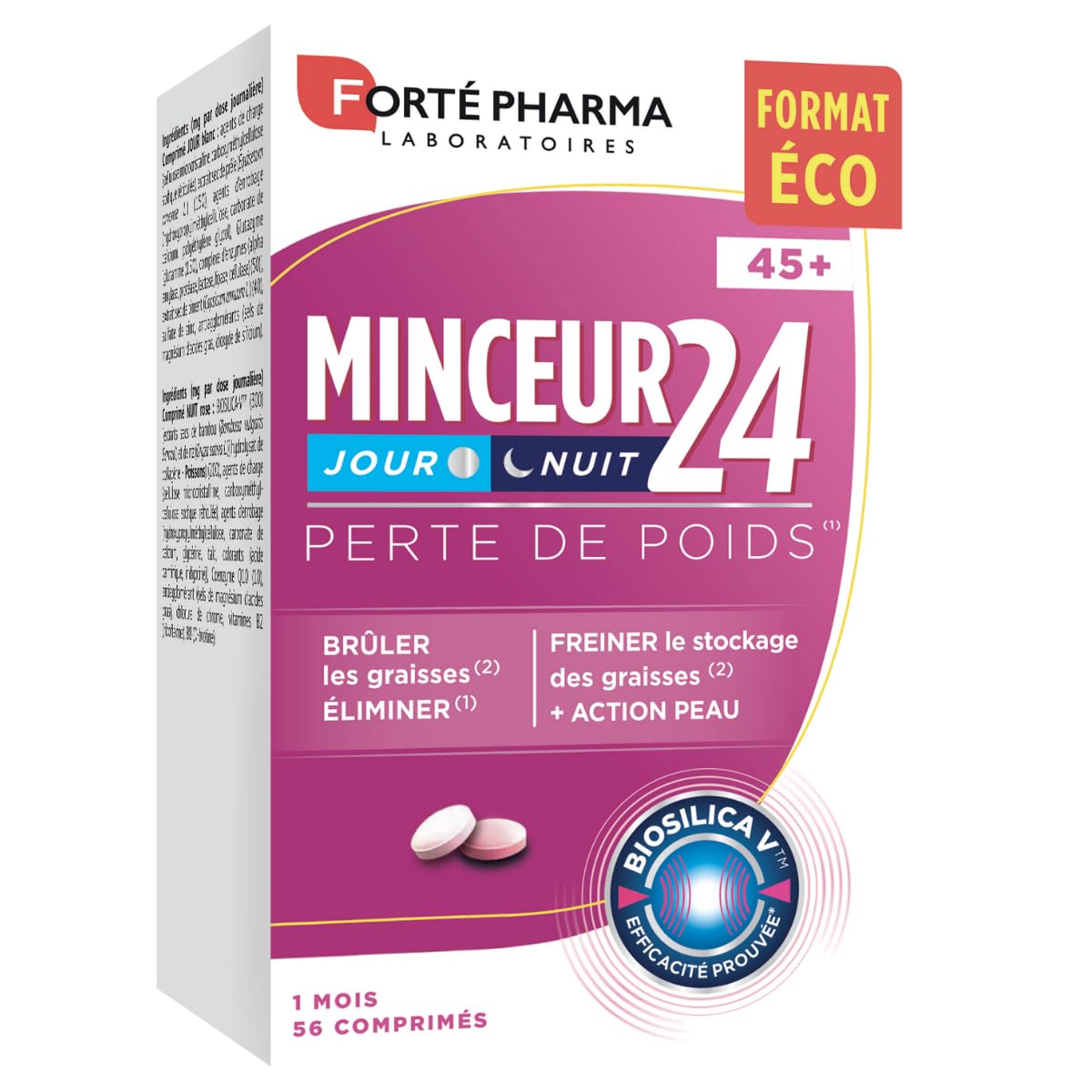 Forté Pharma - Minceur 24 45+ - Minceur perte de poids femme 45 ans et +, bruleur de graisse, Glycémie - Collagène, Vitamines B, Prêle, Piment, Zinc, Chrome - 2/jour, 28 jours