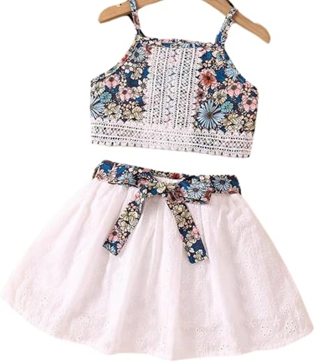 MENSBIT Baby Girl Skirt Outfits Floral Print Strappy Vest Top and Lace Belted Skirt Sets