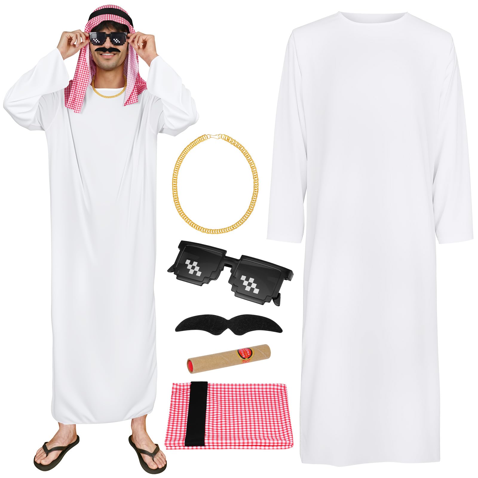 BSBUY Arab Sheik Costume Men White Sheik Robe Arabischen Gebetskleidung Middle Eastern Clothes Outfit(6PCS)