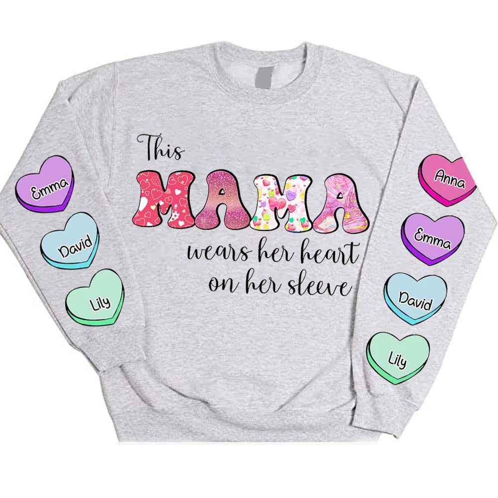 NAZENTI Personalized Mama Sweatshirt, This Mama Wears Her Heart on Her Sleeve Leopard Sweater Shirt Gift For Grandma, Birthday Gift, For Mama For Nana