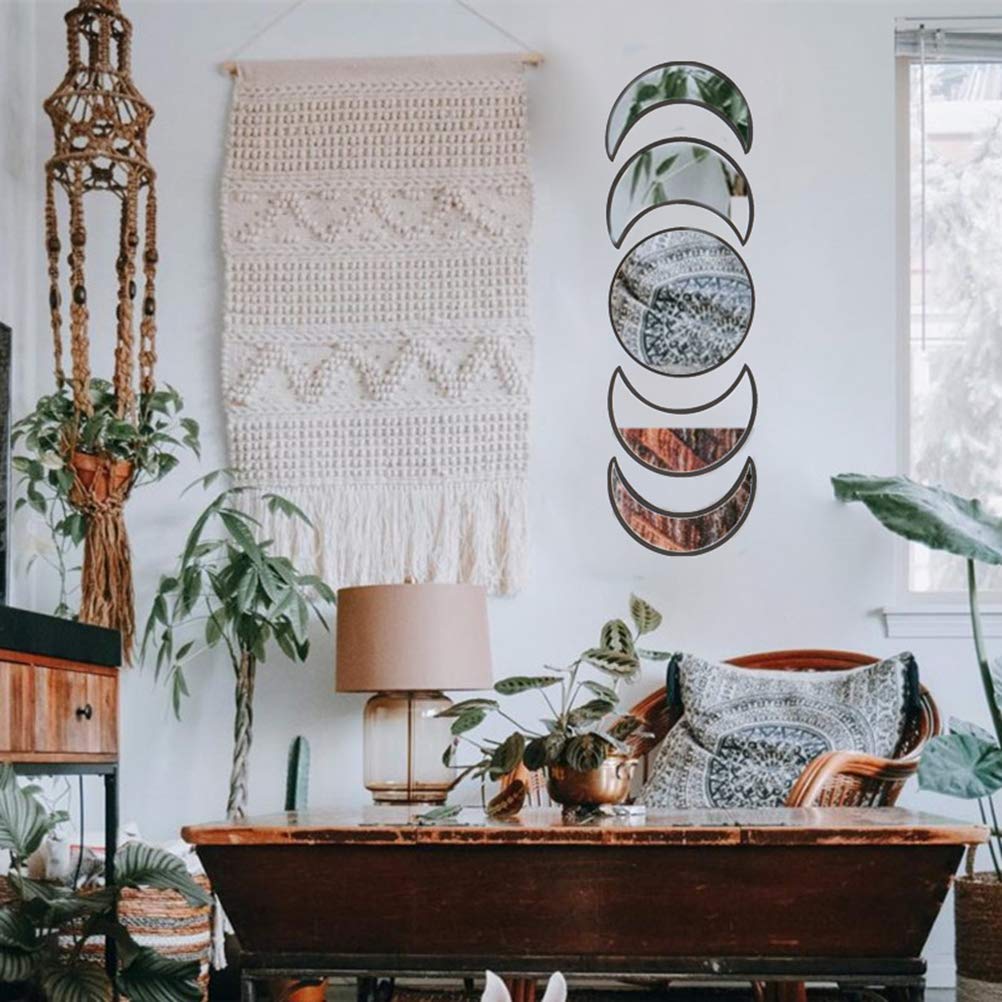 Honio Moon Phase Mirror Set, Easy to Install Boho Moon 5pcs Bright and Spacious Wall Decor Mirrors for Bedroom (Black)