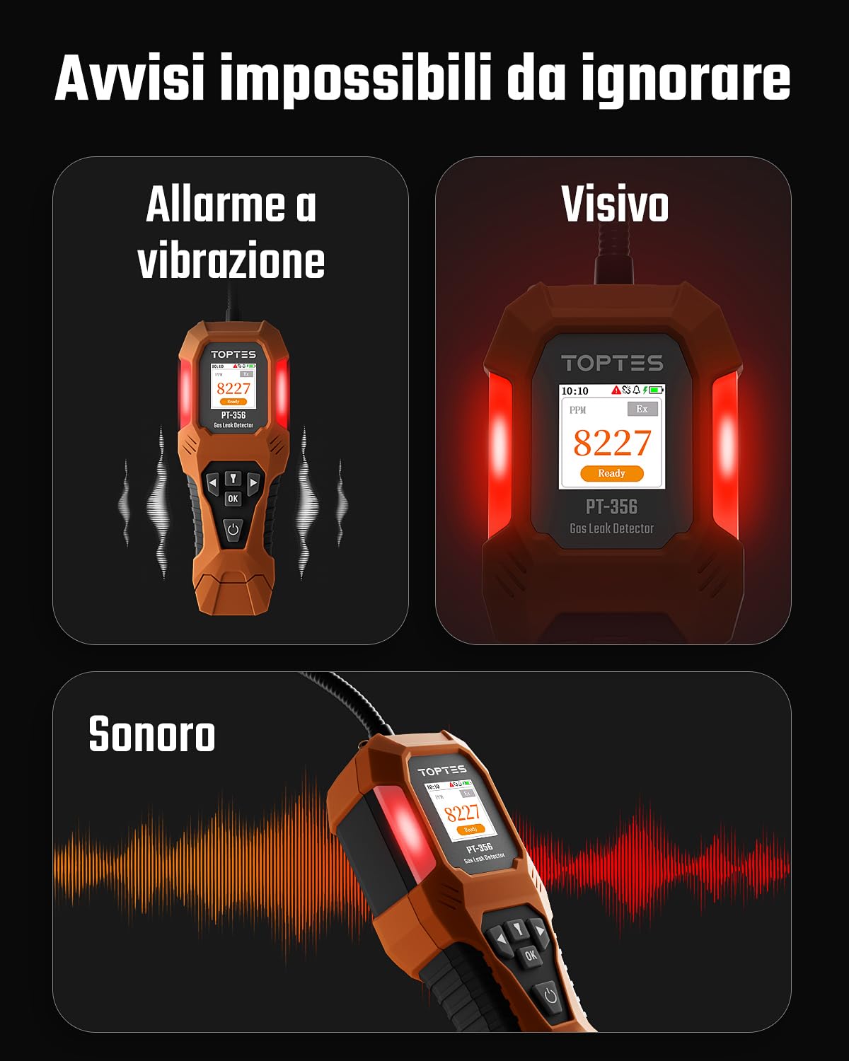 TopTes PT-356 Rilevatore di gas ricaricabile con sonda da 25 cm, campo 0-20% LEL, triplo sistema di allarme, Rilevatore Perdite di Gas con doppia modalità di visualizzazione per metano e butano
