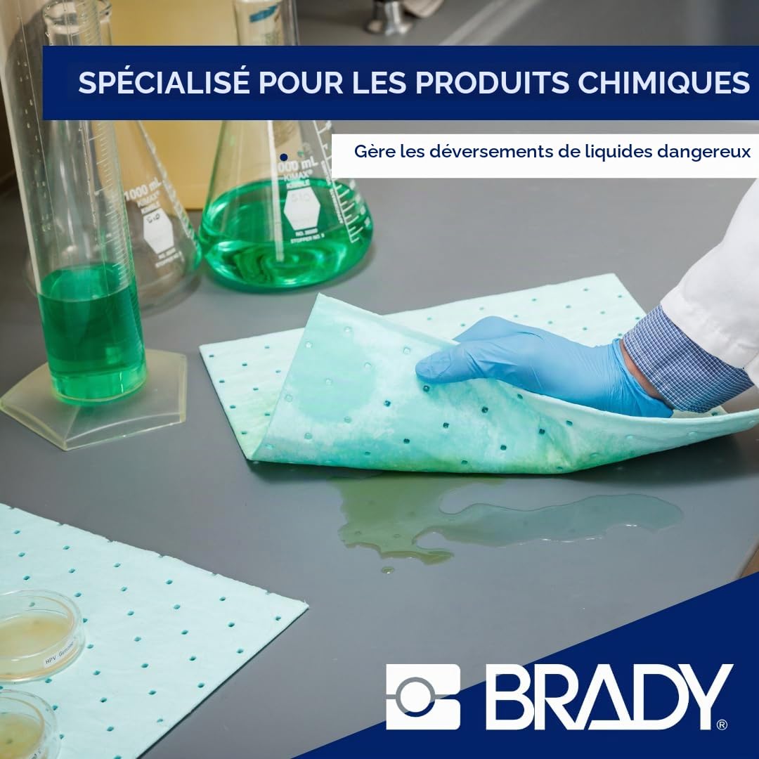 SPC® by Brady Kit Anti-Pollution Chimique – Kit Absorbant Chimique pour Déversements de Produits Chimiques Dangereux, Inclus 25 Feuilles Absorbantes Chimiques, 4 Boudins, Gants et Sac de Déchet
