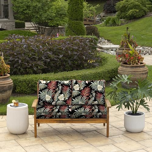 Image of Arden Outdoor Loveseat Cushion Set, 48 x 24, Rain-Proof, Fade Resistant, Cushion Set for Couch, Bench, and Swing Simone Black Tropical