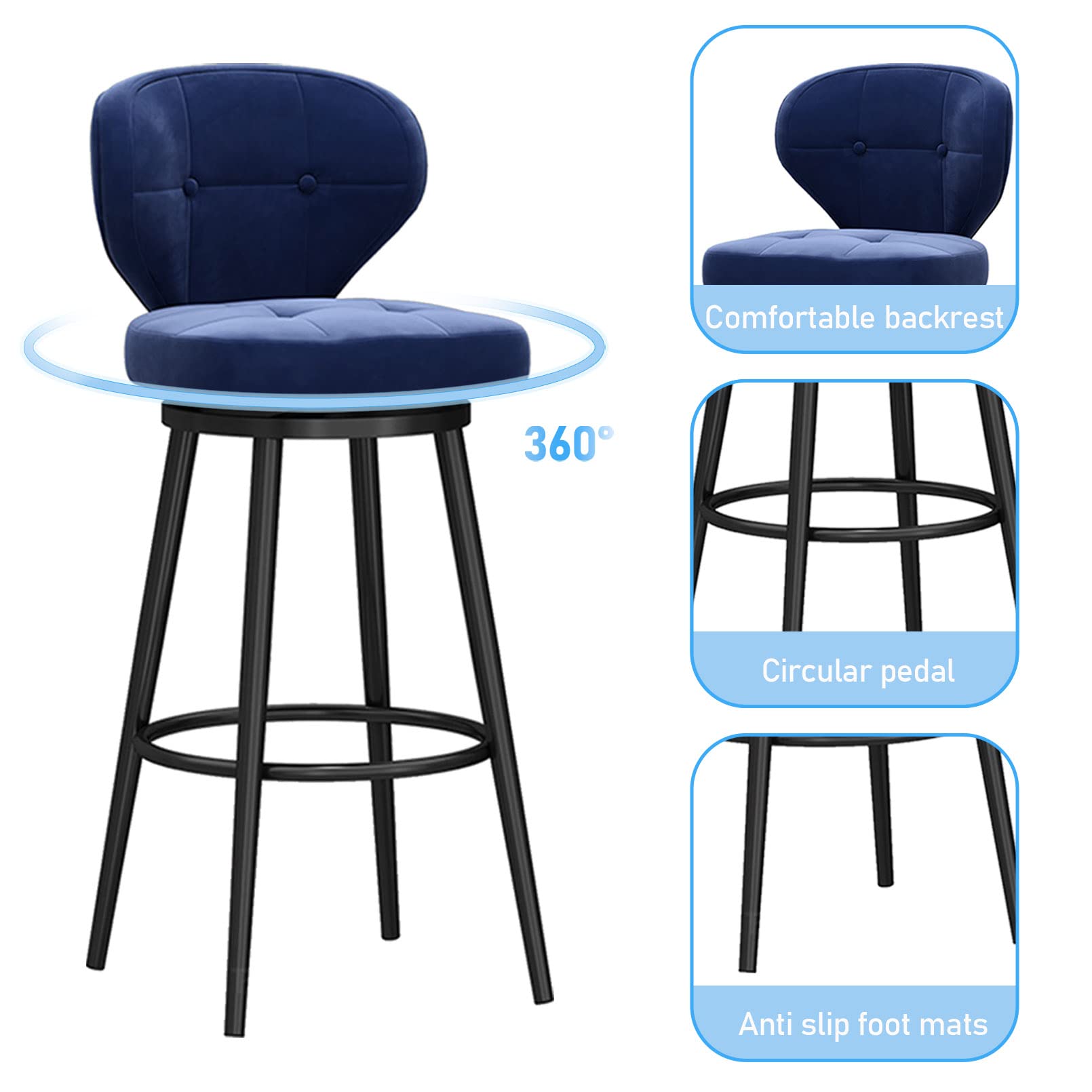 LUUYYI Moderno sgabello da bar girevole in velluto bianco con schienale basso e gambe in metallo nero, altezza da banco, sedia da cucina per la colazione a casa, set da 1 (blu, 4 pezzi)