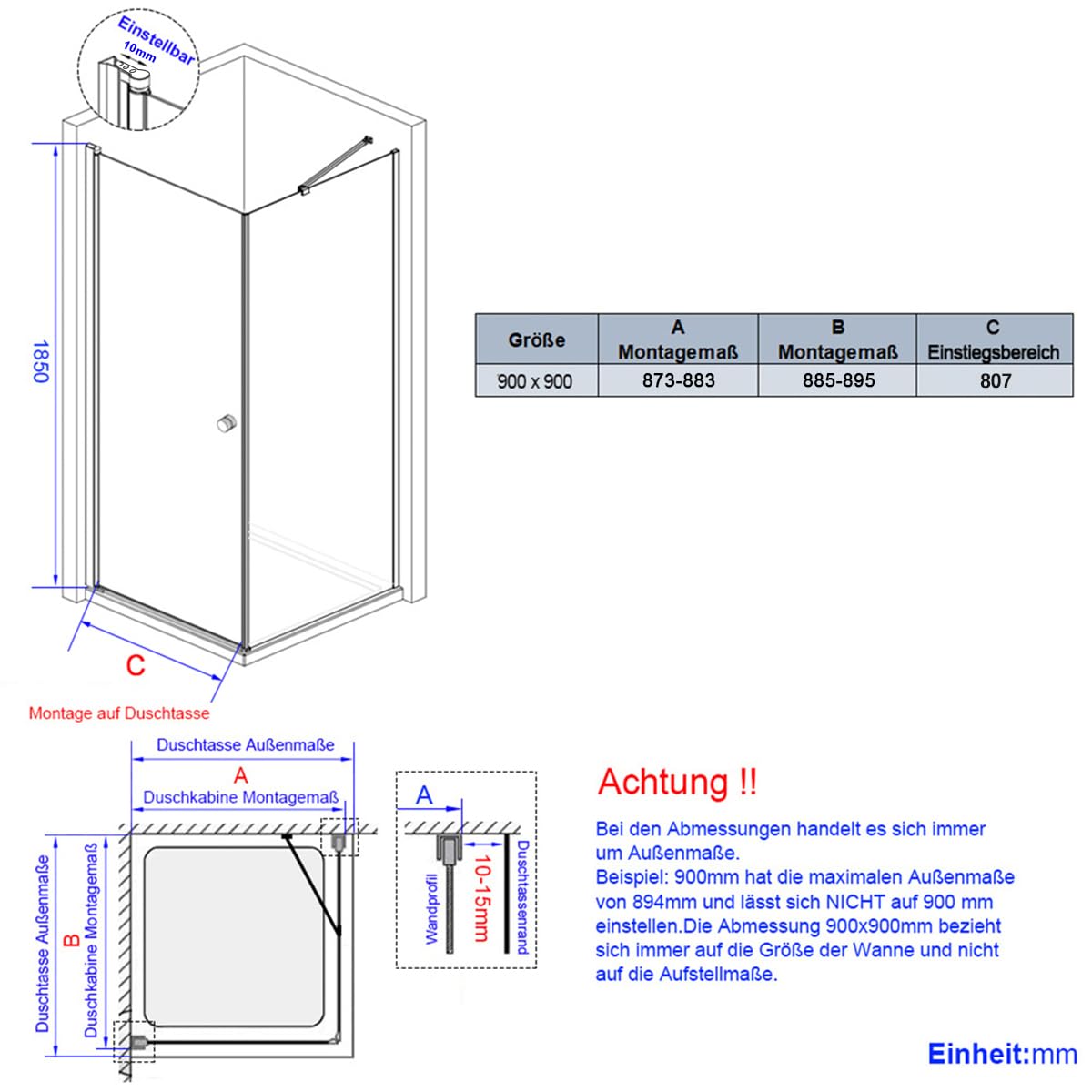 EMKE Duschkabine 90x90 cm Eckeinstieg Duschabtrennung Pendeltür Mit Seitenwand 90cm 6 mm NANO-Glas Duschkabinen Duschtür Faltbar Dusche Duschwand Pendeltüren Duschtüren 185 cm Höhe