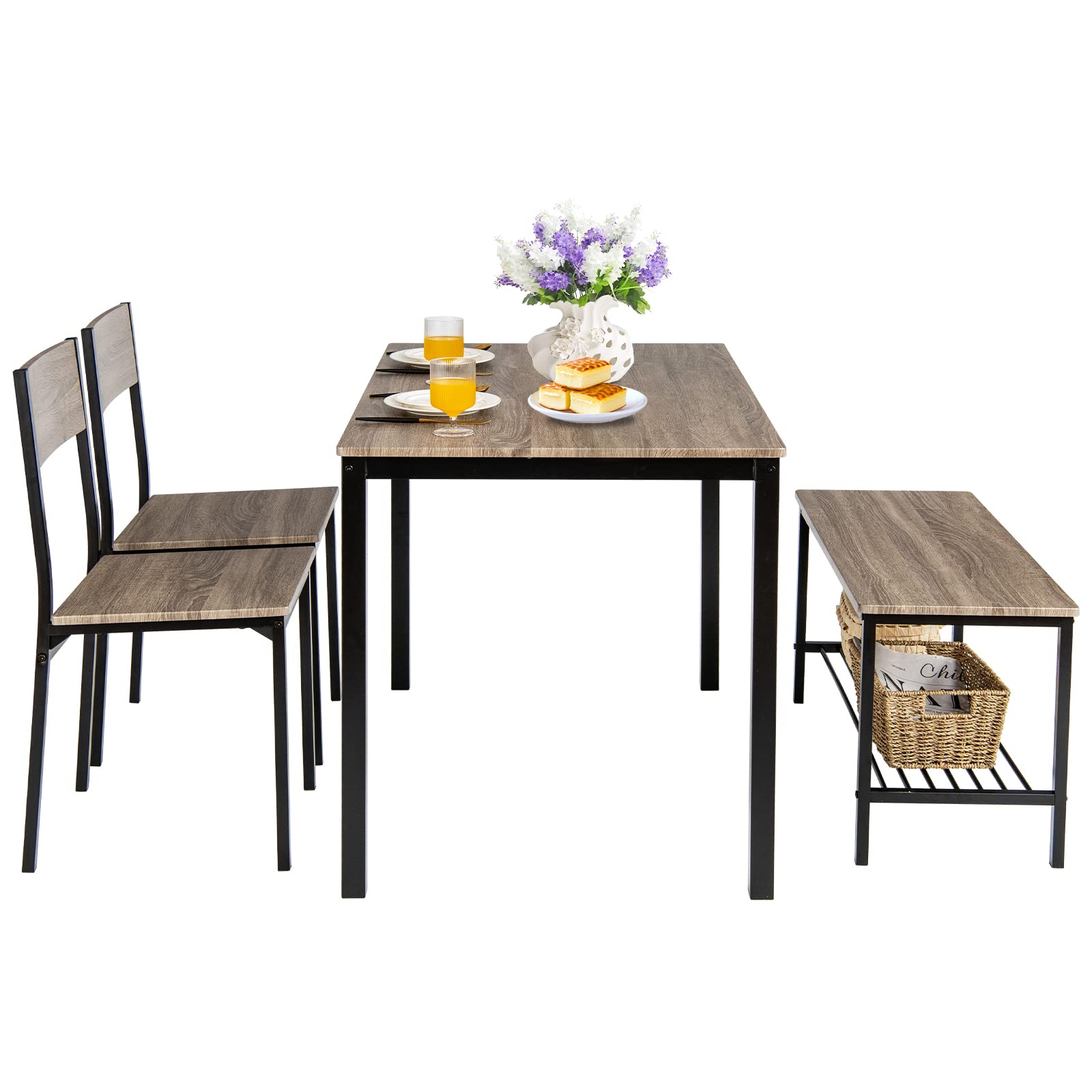 COSTWAY Set Tavolo e Sedie da Cucina 4 Pezzi, Tavolo da Pranzo con 2 Sedie e 1 Panca, Set Mobili da Cucina Salvaspazio con 4 Posti, per Sala da Pranzo e Soggiorno (Rovere grigio)
