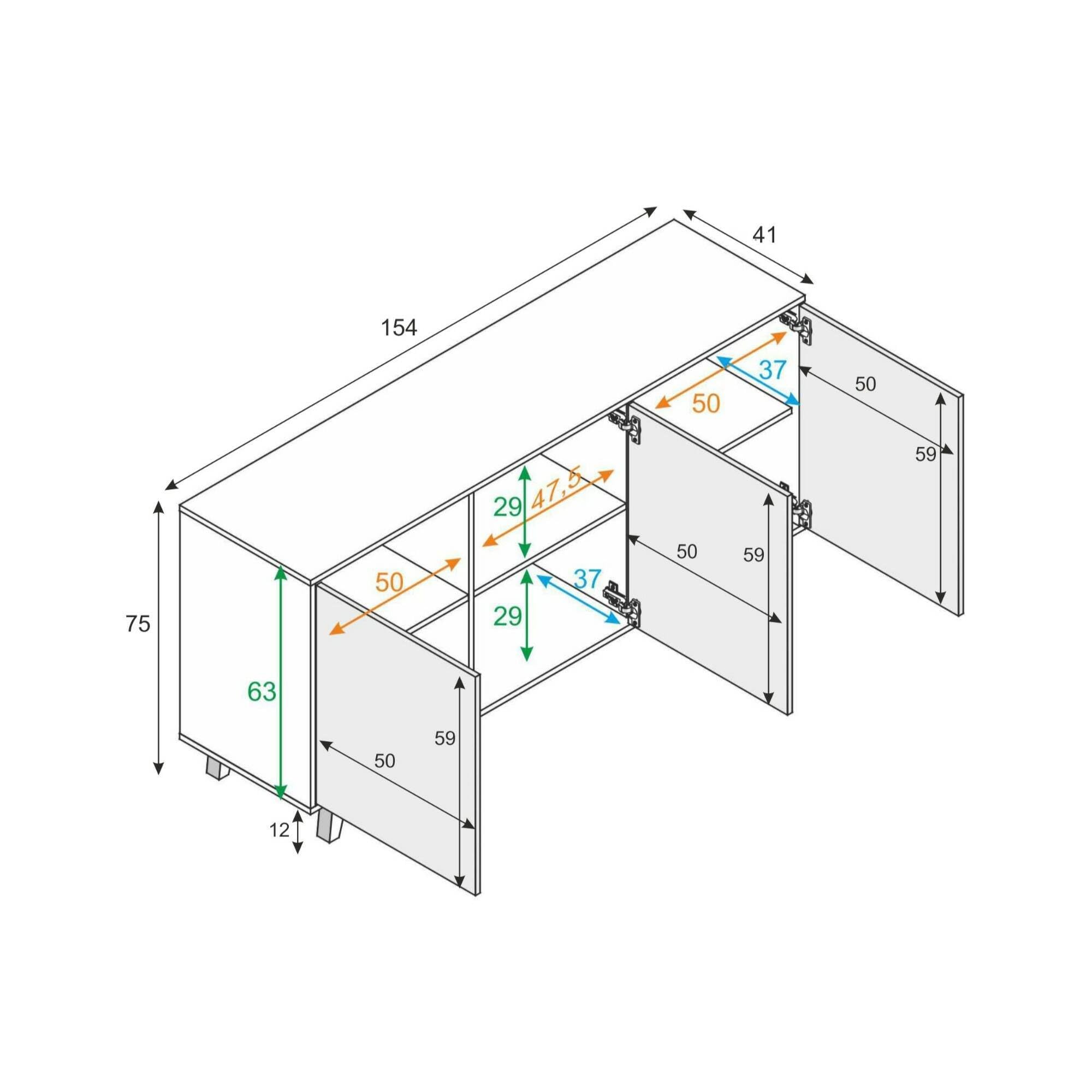 Dmora - Credenza Arvada, Madia moderna a 3 ante e ripiani, Buffet da cucina, Buffet di design da soggiorno, 154x40h75 cm, Bianco e Rovere