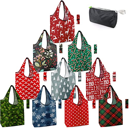 Product Image of the BeeGreen Christmas Reusable Grocery Bags 10 Pack Reusable Shopping Bags Bulk Christmas Gifts Tote Bags with Zipper Storage Pouch Elastic Band Foldable-Machine Washable