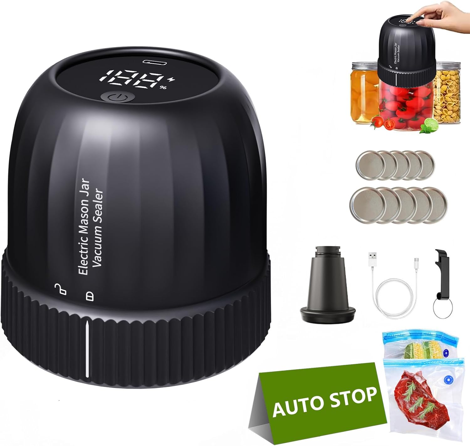 Electric Mason Jar Vacuum Sealer, Upgraded Automatic Vacuum Sealer Kit for Wide and Regular Mouth Mason Jars, Handheld Vacuum Bag Sealer for Food Preservation